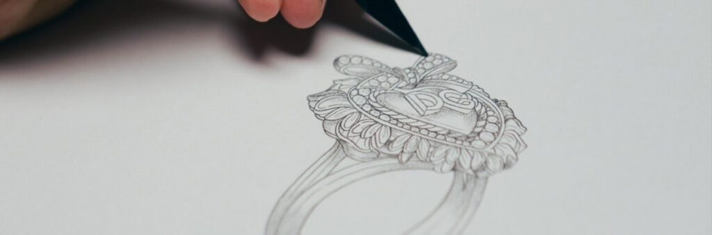Dolce & Gabbana pencil sketch of a heart-shaped ring design with a bow