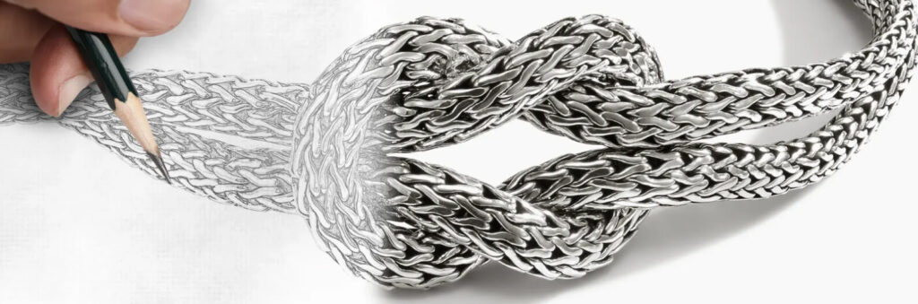 IMPERIAL Pearl pencil sketch of a woven chain becoming a photo of the chain tied in a knot